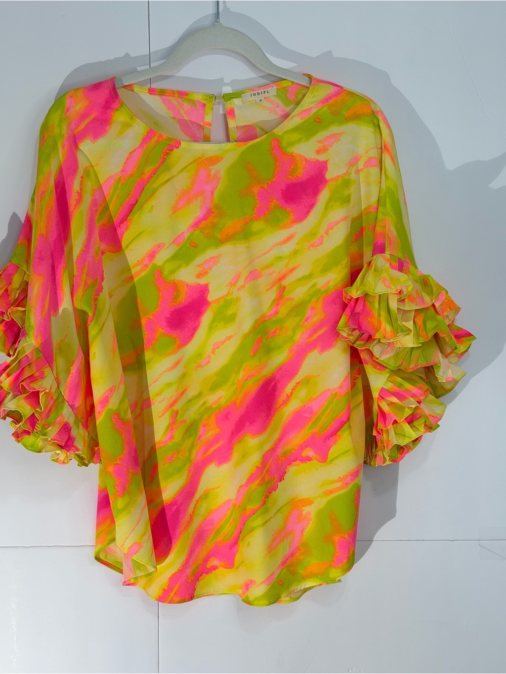 Violet & Claire Neon Pink and Lime Ruffle-Sleeve Blouse - Picture 2 of 7